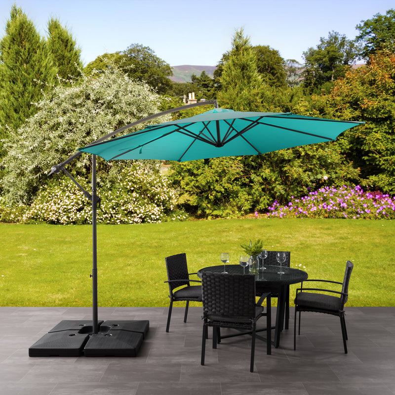 turquoise blue offset patio umbrella with base 400 Series lifestyle scene CorLiving