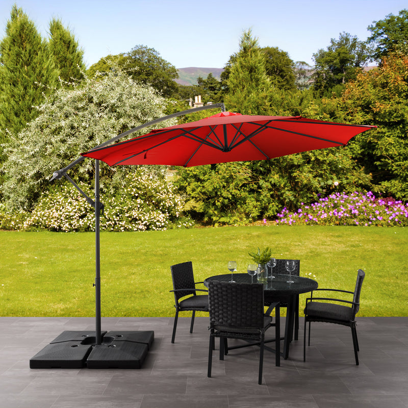 crimson red offset patio umbrella with base 400 Series lifestyle scene CorLiving