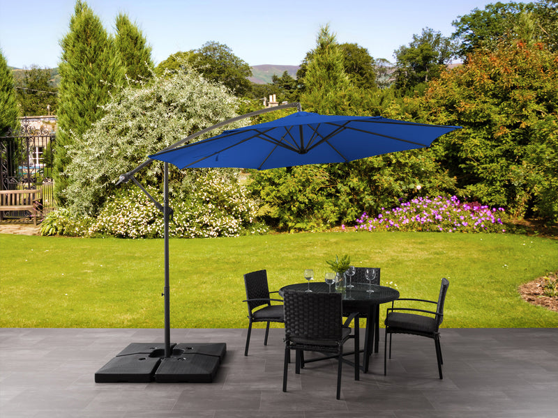 cobalt blue offset patio umbrella with base 400 Series lifestyle scene CorLiving