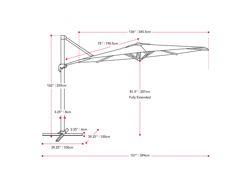 black deluxe offset patio umbrella 500 Series measurements diagram CorLiving