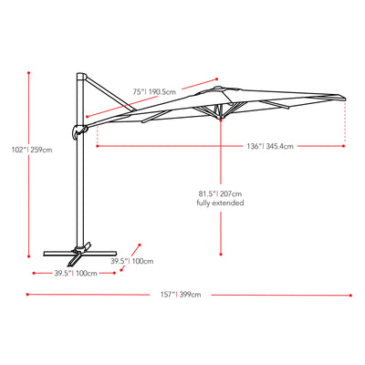 black deluxe offset patio umbrella with base 500 Series measurements diagram CorLiving#color_ppu-black