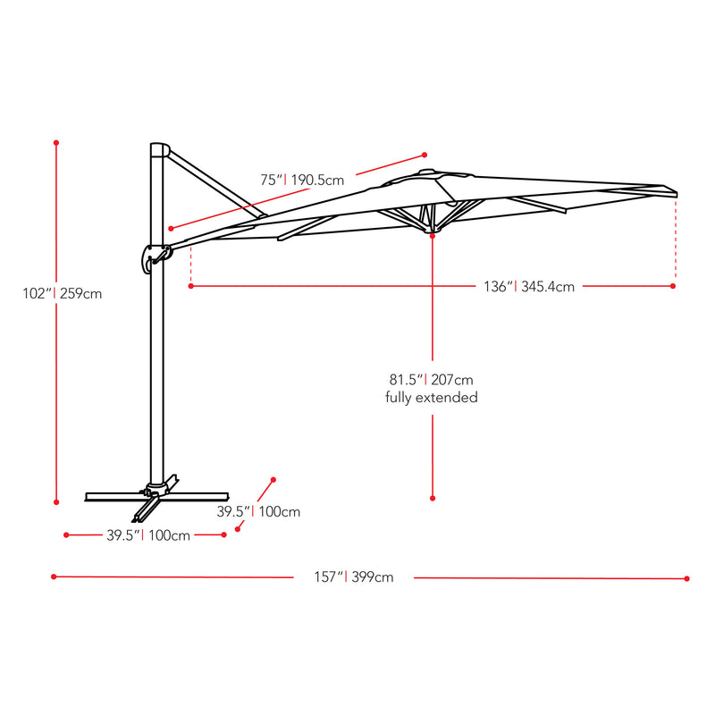 black deluxe offset patio umbrella with base 500 Series measurements diagram CorLiving