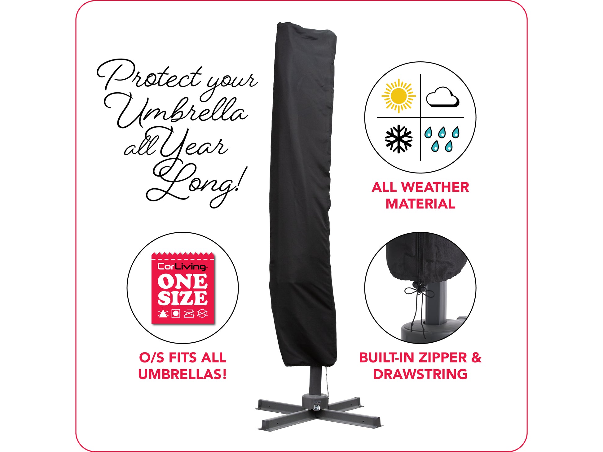 Black waterproof patio umbrella cover with zipper closure and reinforced seams, designed to protect outdoor umbrellas from weather damage, fits 9-11 feet umbrellas, UV-resistant and tear-proof.