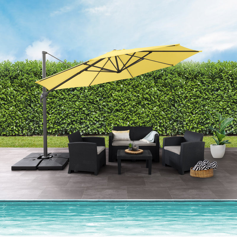 yellow deluxe offset patio umbrella with base 500 Series lifestyle scene CorLiving