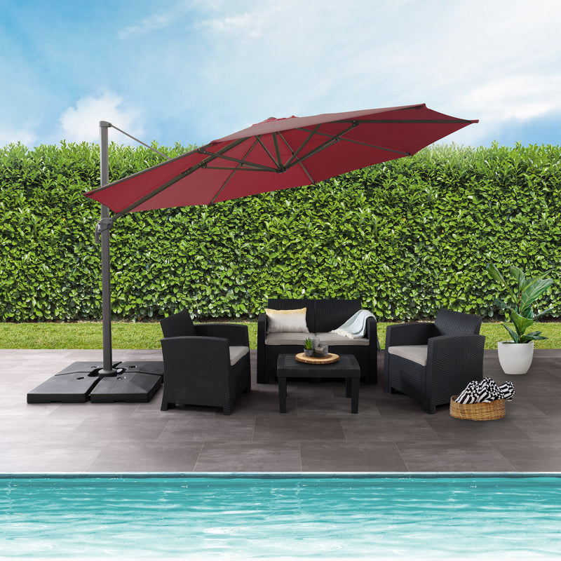 wine red deluxe offset patio umbrella with base 500 Series lifestyle scene CorLiving