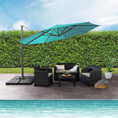 turquoise blue deluxe offset patio umbrella with base 500 Series lifestyle scene CorLiving#color_ppu-turquoise-blue