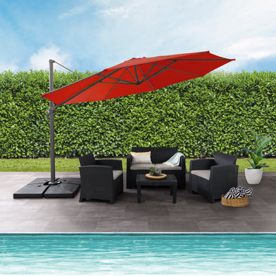 crimson red deluxe offset patio umbrella with base 500 Series lifestyle scene CorLiving#color_ppu-crimson-red