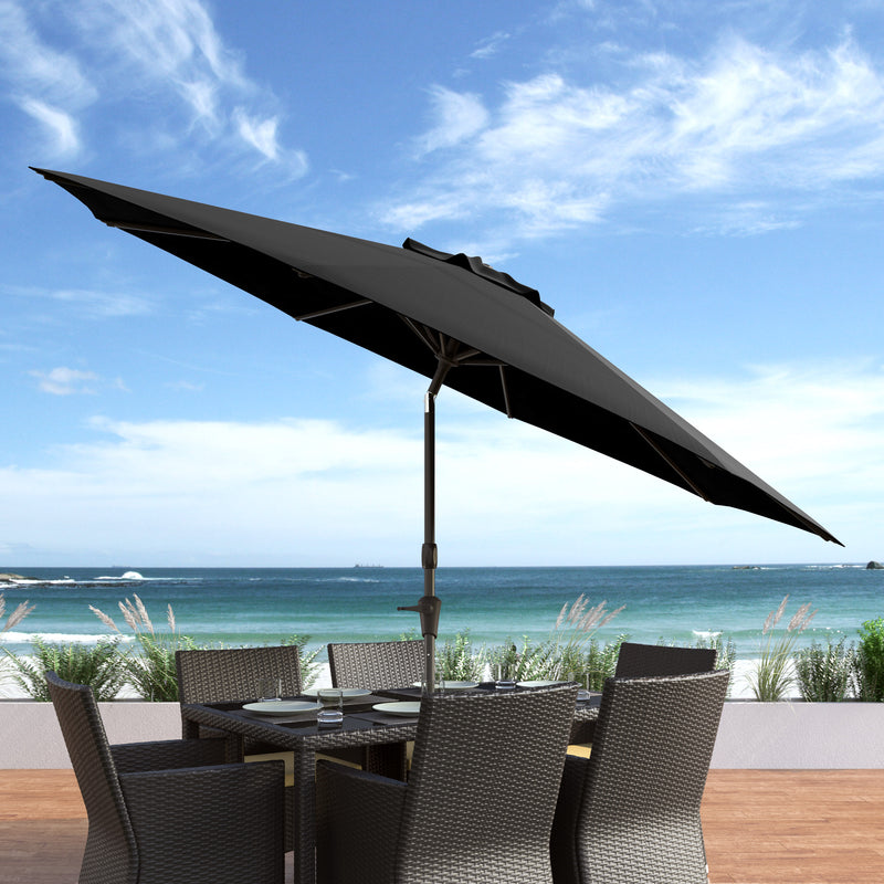 black large patio umbrella, tilting with base 700 Series lifestyle scene CorLiving