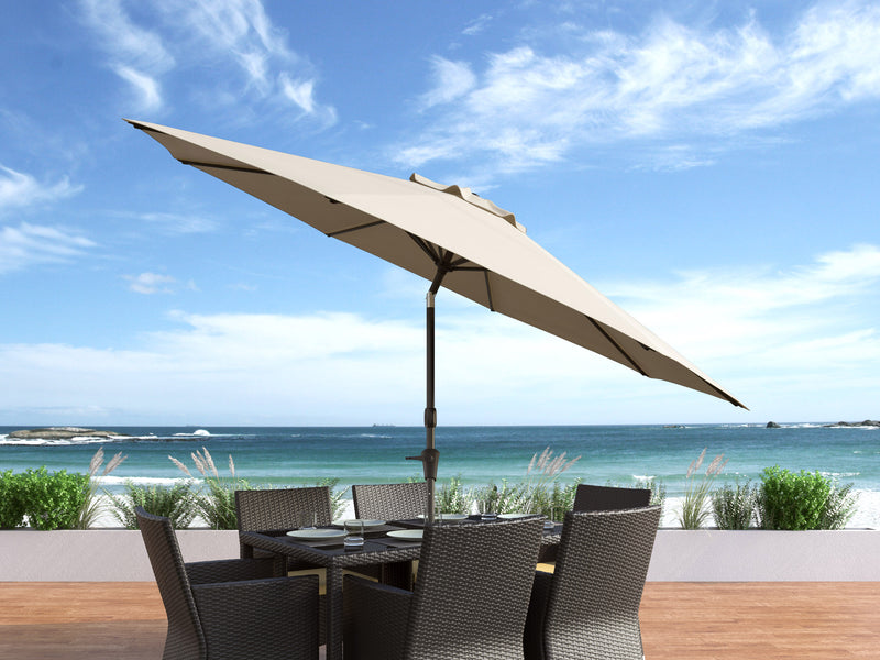 warm white large patio umbrella, tilting 700 Series lifestyle scene CorLiving