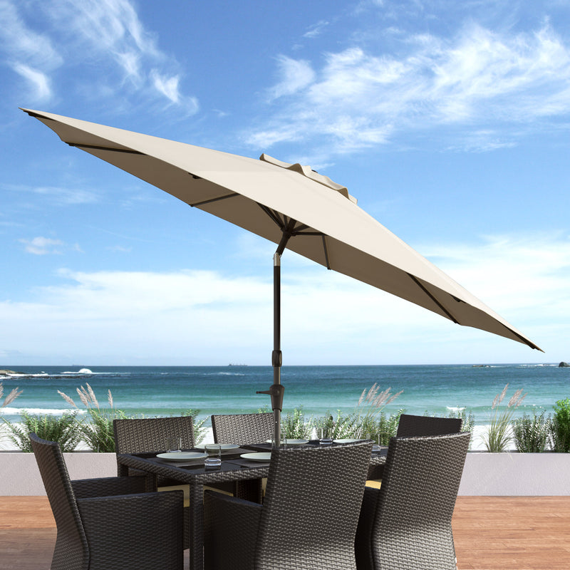 warm white large patio umbrella, tilting with base 700 Series lifestyle scene CorLiving