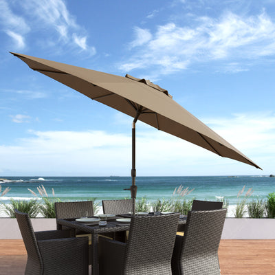 brown large patio umbrella, tilting with base 700 Series lifestyle scene CorLiving#color_ppu-brown