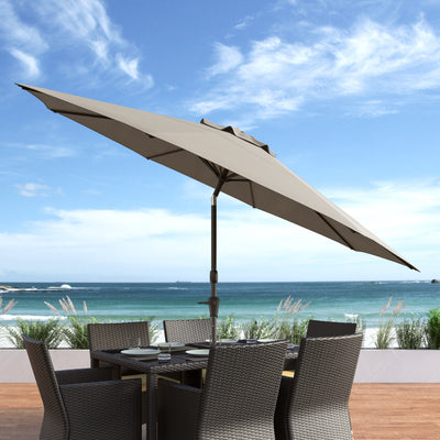 grey large patio umbrella, tilting with base 700 Series lifestyle scene CorLiving#color_ppu-grey