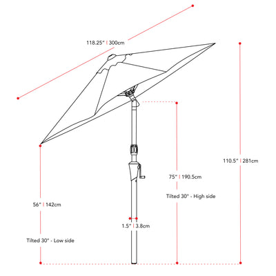 wine red large patio umbrella, tilting with base 700 Series measurements diagram CorLiving#color_ppu-wine-red