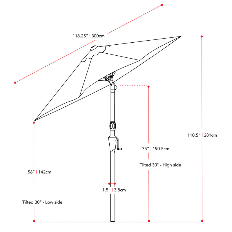 wine red large patio umbrella, tilting with base 700 Series measurements diagram CorLiving