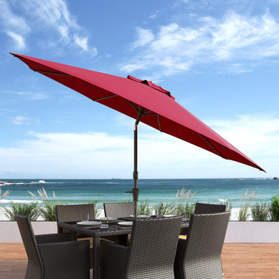 wine red large patio umbrella, tilting with base 700 Series lifestyle scene CorLiving#color_ppu-wine-red
