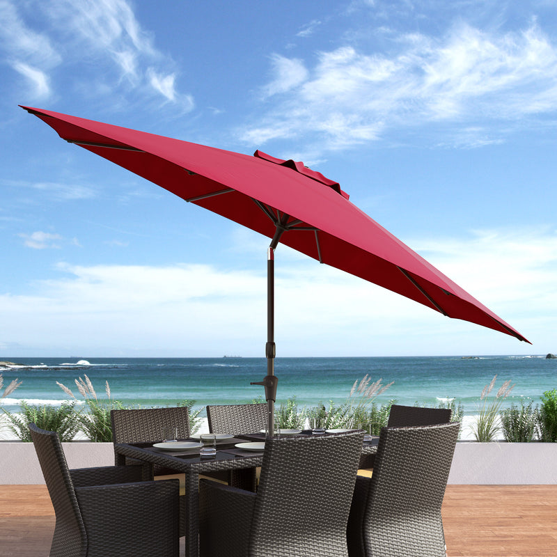 wine red large patio umbrella, tilting with base 700 Series lifestyle scene CorLiving