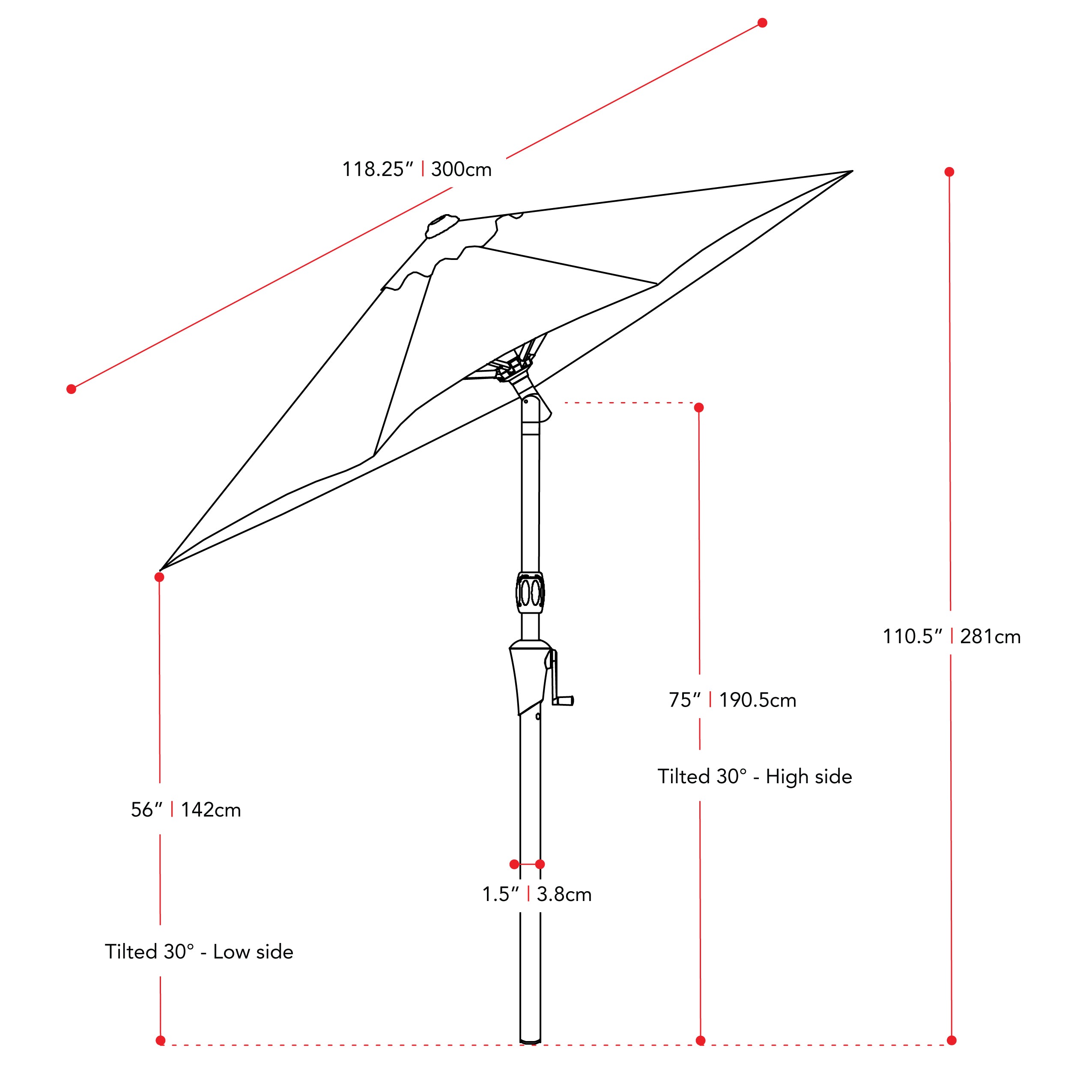 turquoise blue large patio umbrella, tilting with base 700 Series measurements diagram CorLiving#color_ppu-turquoise-blue