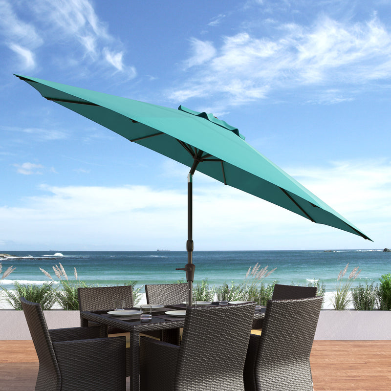 turquoise blue large patio umbrella, tilting with base 700 Series lifestyle scene CorLiving