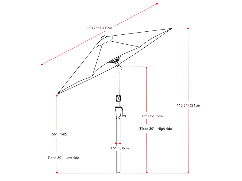 crimson red large patio umbrella, tilting 700 Series measurements diagram CorLiving