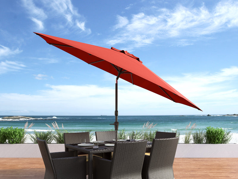 crimson red large patio umbrella, tilting 700 Series lifestyle scene CorLiving