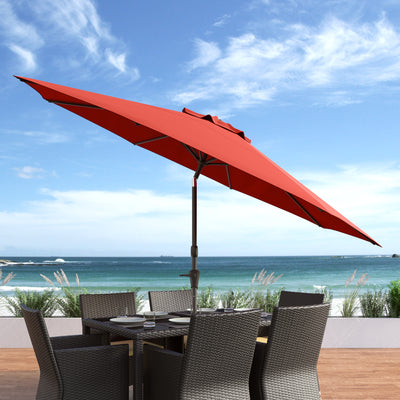 crimson red large patio umbrella, tilting with base 700 Series lifestyle scene CorLiving#color_ppu-crimson-red