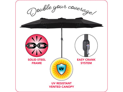 black double patio umbrella, 15ft Bertha collection infographic CorLiving#color_black