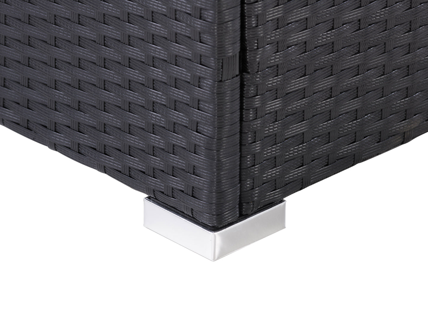 Outdoor corner patio chair with grey cushions, black aluminum frame, and teak wood accents on the arms, designed for modern outdoor living spaces.