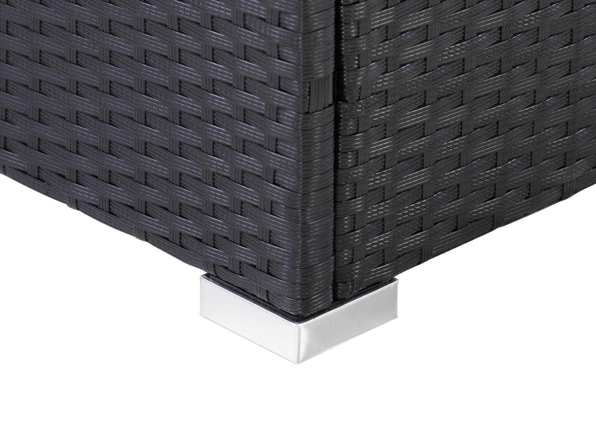 Outdoor corner patio chair with grey cushions, black aluminum frame, and teak wood accents on the arms, designed for modern outdoor living spaces.