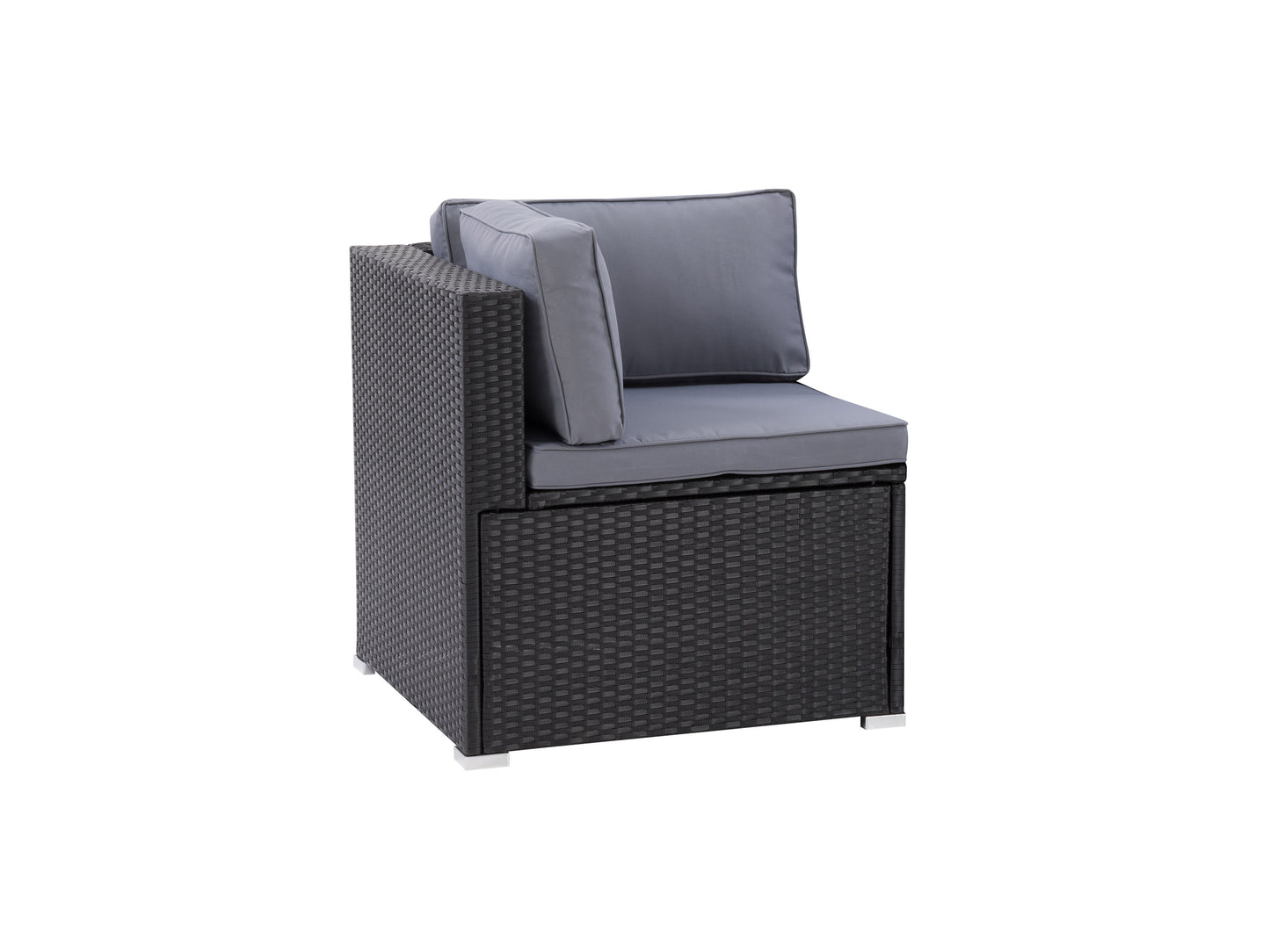 Outdoor corner patio chair with a sleek aluminum frame, featuring dark grey cushions and a modern, minimalist design. Ideal for contemporary outdoor spaces and comfortable lounging.