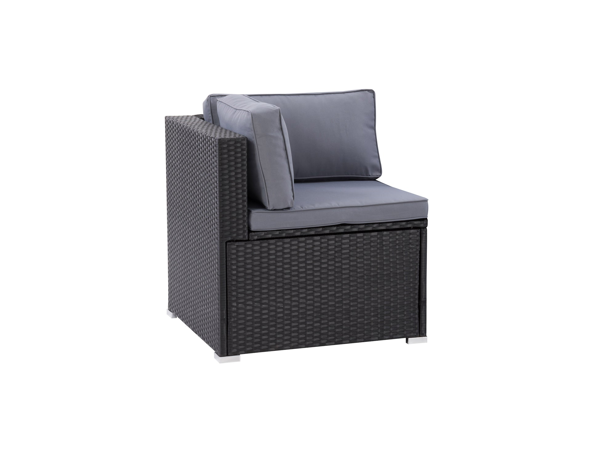 Outdoor corner patio chair with a sleek aluminum frame, featuring dark grey cushions and a modern, minimalist design. Ideal for contemporary outdoor spaces and comfortable lounging.