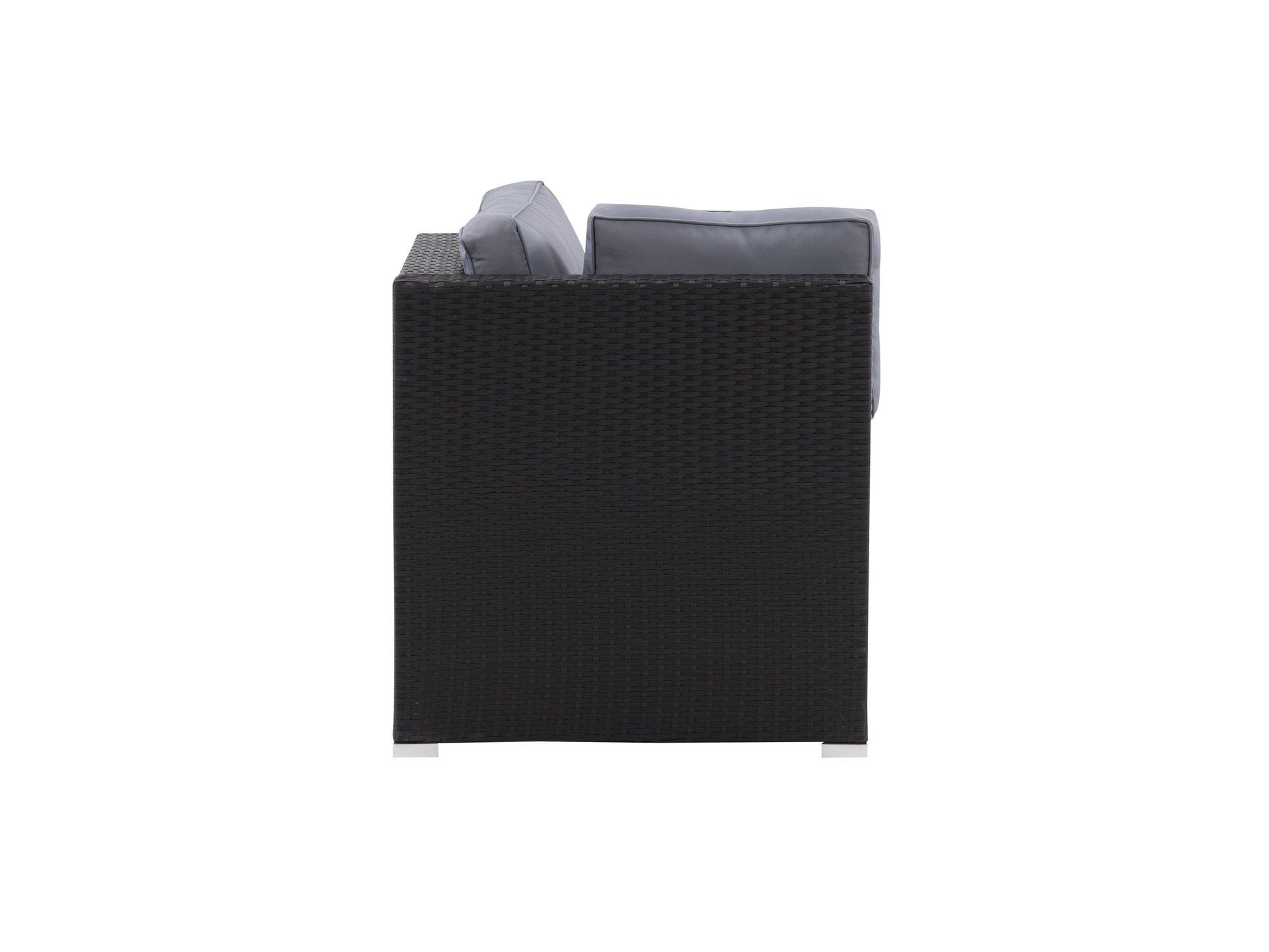 Outdoor corner patio chair with dark brown wicker frame, beige cushions, and modern design. Ideal for garden or deck seating, featuring weather-resistant materials and comfortable, plush cushions.