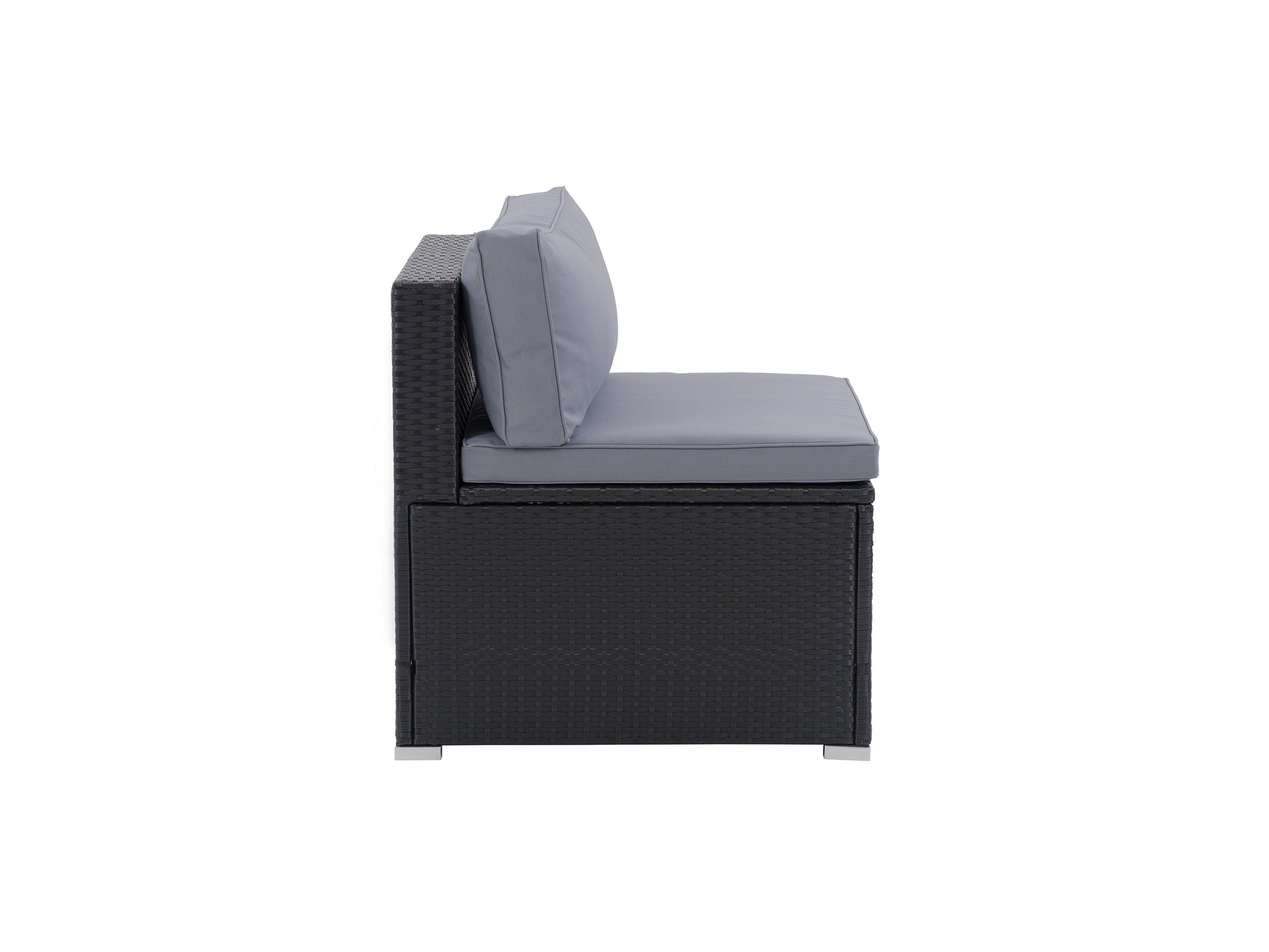 Wicker patio chair with a modern design, featuring a curved backrest, light brown wicker material, and sturdy black metal legs, perfect for outdoor seating arrangements.