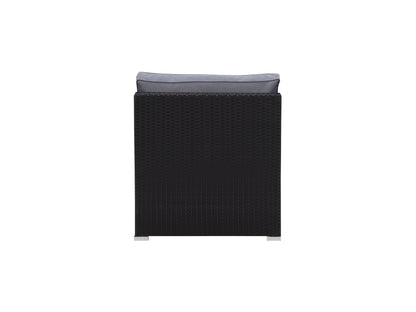 Brown wicker patio chair with beige cushions, featuring a sturdy aluminum frame, woven texture, and armrests. Ideal for outdoor use on patios, gardens, or balconies. Durable, stylish, and comfortable seating solution.