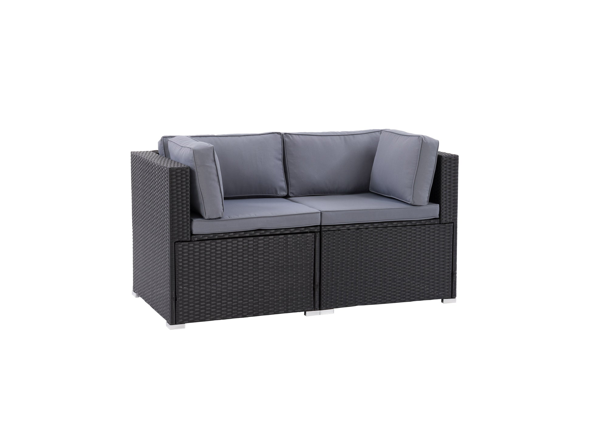 Gray outdoor loveseat with durable aluminum frame, weather-resistant cushions, and teak wood accents on armrests. Modern 2-piece patio chair set ideal for garden or backyard lounging.