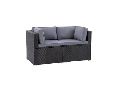 Gray outdoor loveseat with durable aluminum frame, weather-resistant cushions, and teak wood accents on armrests. Modern 2-piece patio chair set ideal for garden or backyard lounging.