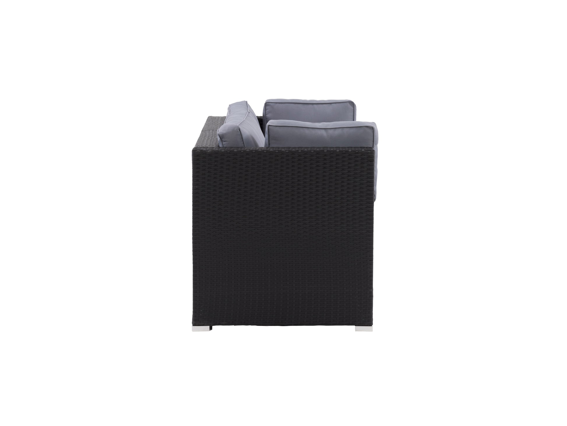 Outdoor loveseat with gray cushions, black metal frame, and wooden armrests; modern 2-piece patio chair set perfect for garden or balcony seating.