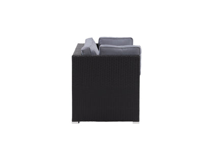 Outdoor loveseat with gray cushions, black metal frame, and wooden armrests; modern 2-piece patio chair set perfect for garden or balcony seating.