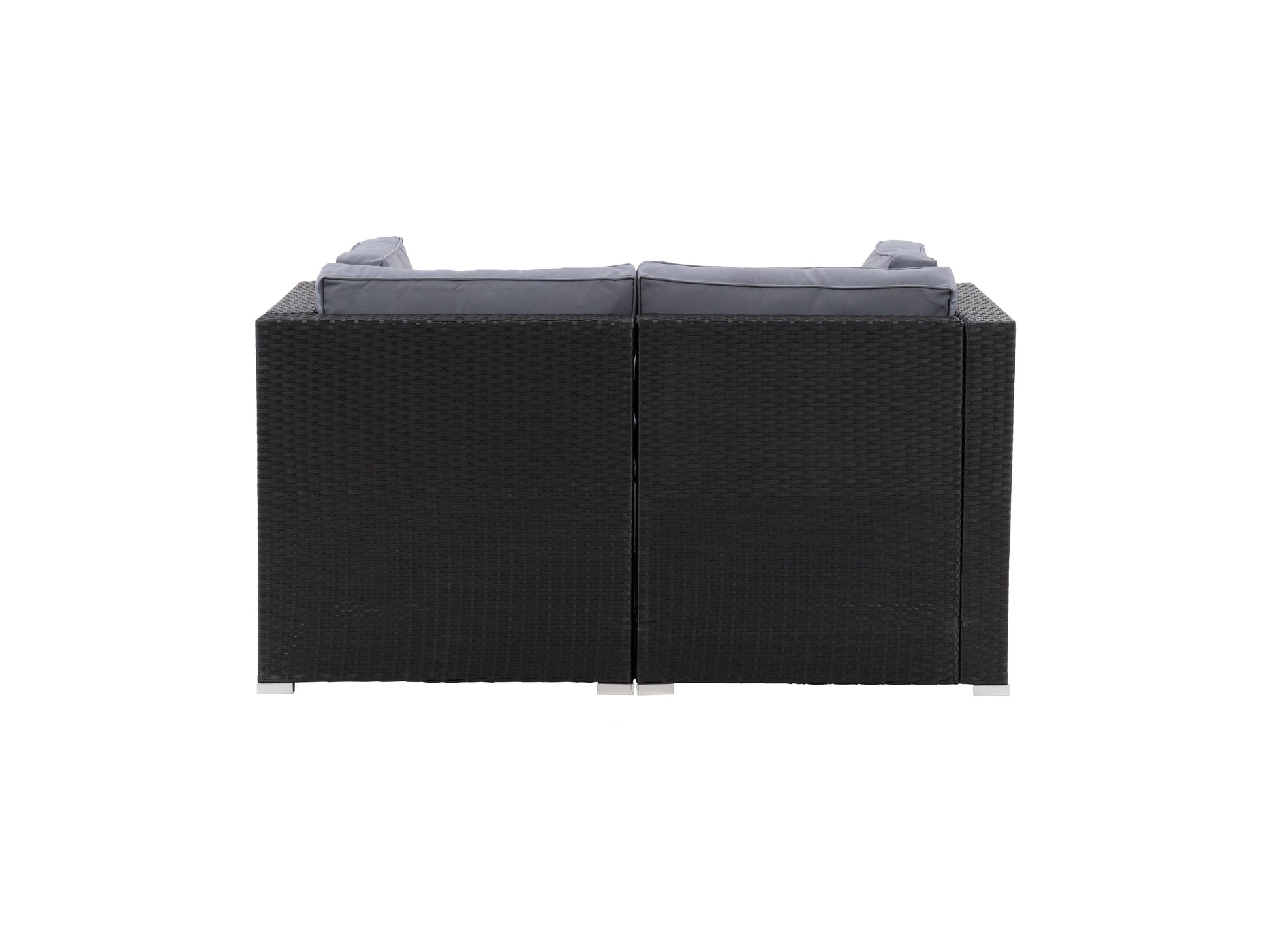 Outdoor loveseat with grey wicker frame, beige cushions, and a sleek modern design. Features durable materials suitable for patio use, providing comfortable seating for two. Ideal for outdoor relaxation and gatherings.