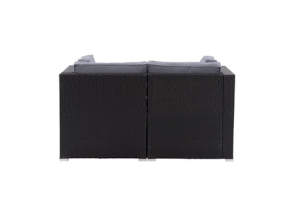 Outdoor loveseat with grey wicker frame, beige cushions, and a sleek modern design. Features durable materials suitable for patio use, providing comfortable seating for two. Ideal for outdoor relaxation and gatherings.