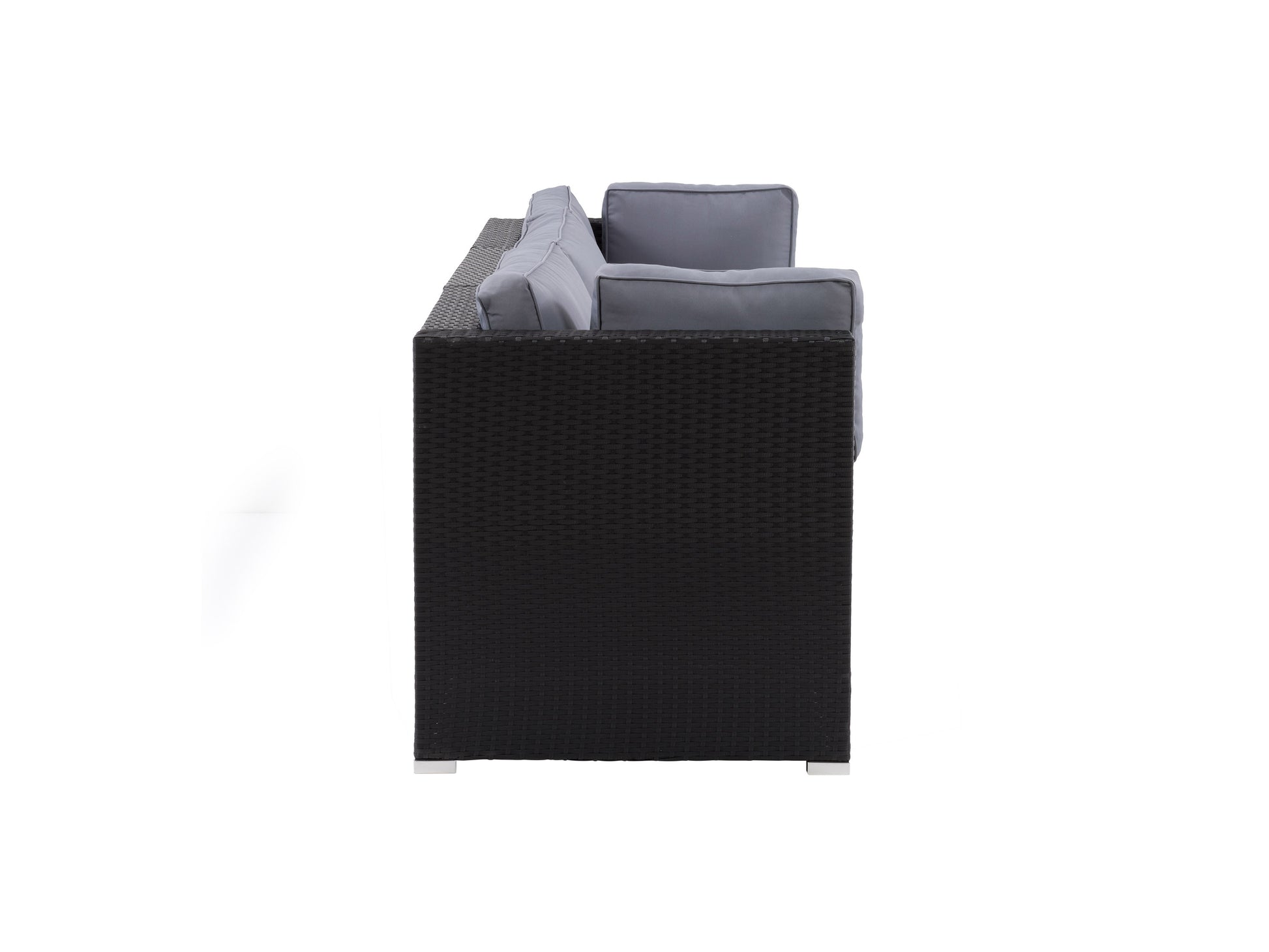 Three-piece outdoor wicker sofa set with beige cushions, featuring a durable brown rattan frame, weather-resistant materials, and modern design perfect for patio or garden lounging.