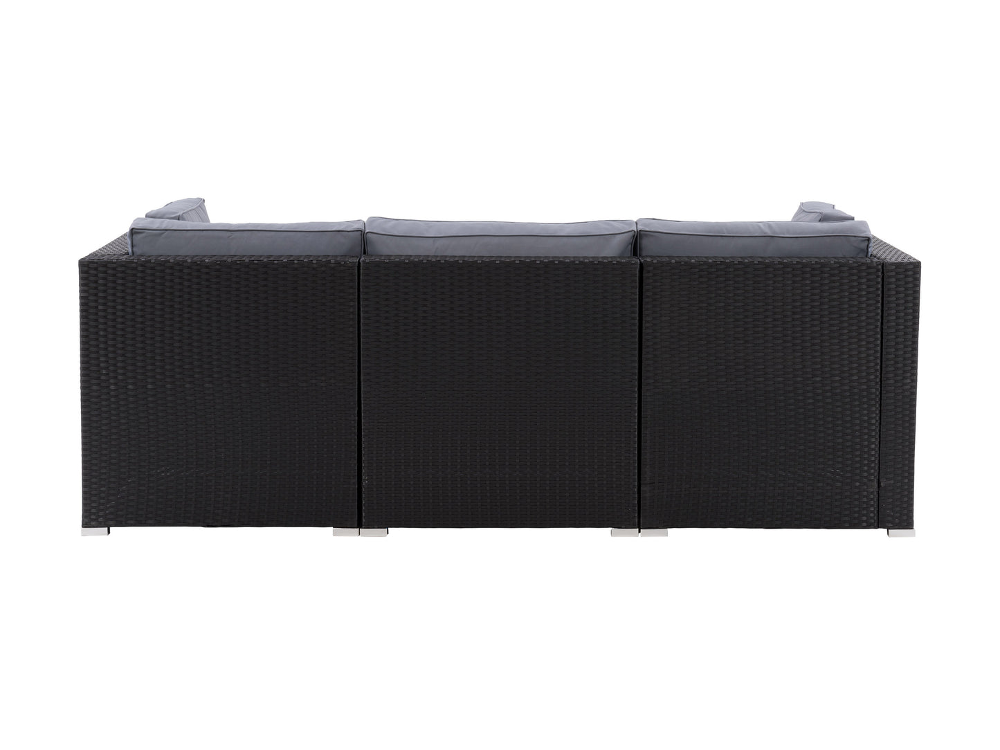 Brown wicker outdoor sectional sofa with beige cushions, three-piece patio furniture set, includes corner sectional, armless chair, and ottoman, durable all-weather wicker, modern design, perfect for backyard lounging.