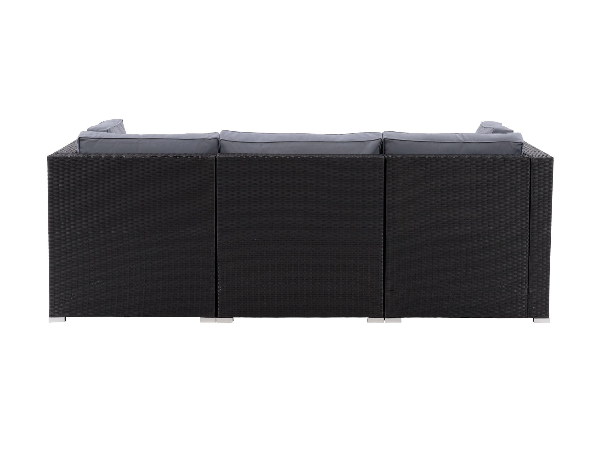 Brown wicker outdoor sectional sofa with beige cushions, three-piece patio furniture set, includes corner sectional, armless chair, and ottoman, durable all-weather wicker, modern design, perfect for backyard lounging.