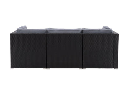 Brown wicker outdoor sectional sofa with beige cushions, three-piece patio furniture set, includes corner sectional, armless chair, and ottoman, durable all-weather wicker, modern design, perfect for backyard lounging.