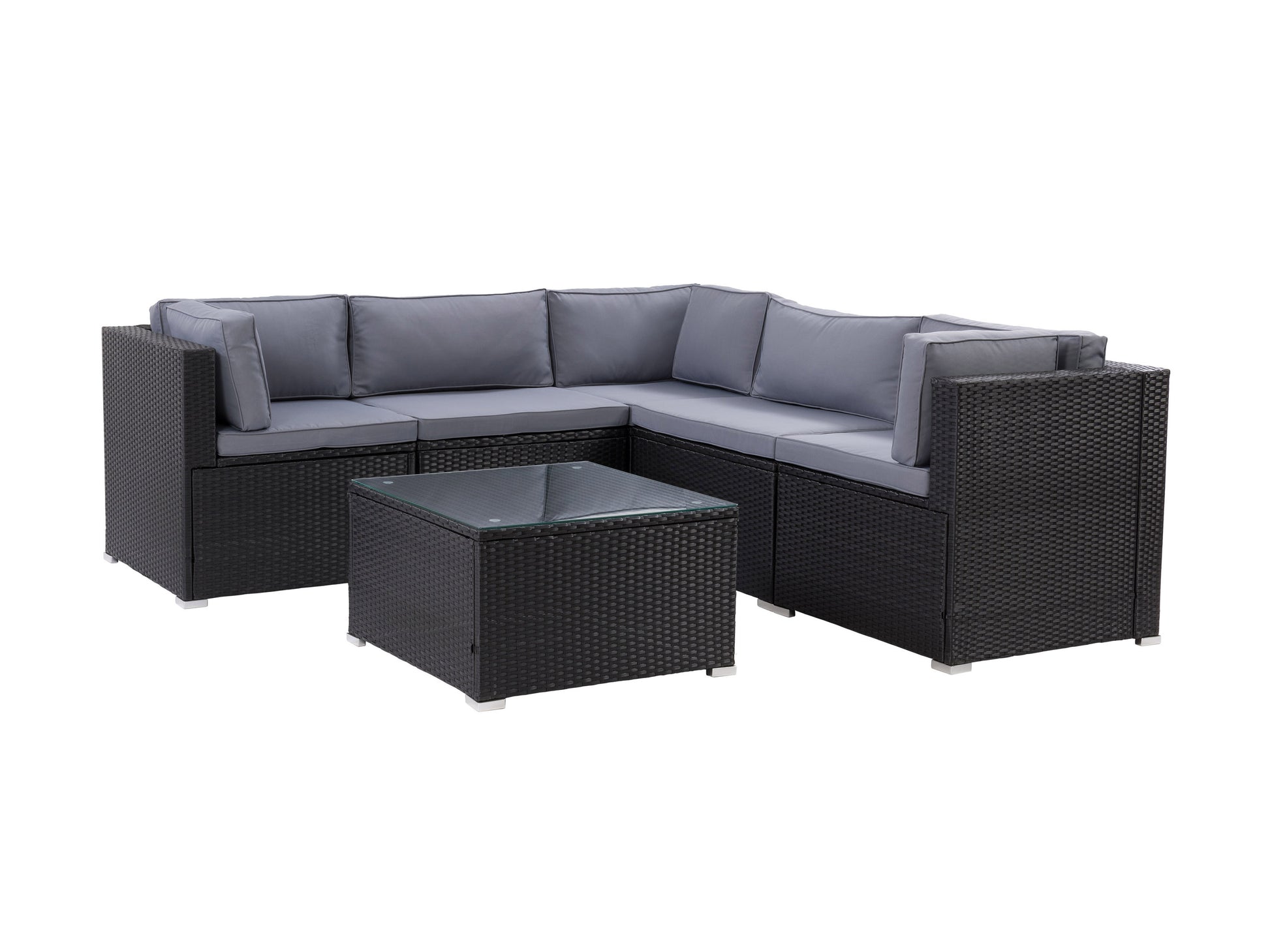 Modern outdoor patio sectional set, 6 pieces, featuring gray cushions, dark wicker frame, and glass-top coffee table, ideal for garden or backyard lounging. Durable and weather-resistant materials for stylish comfort.