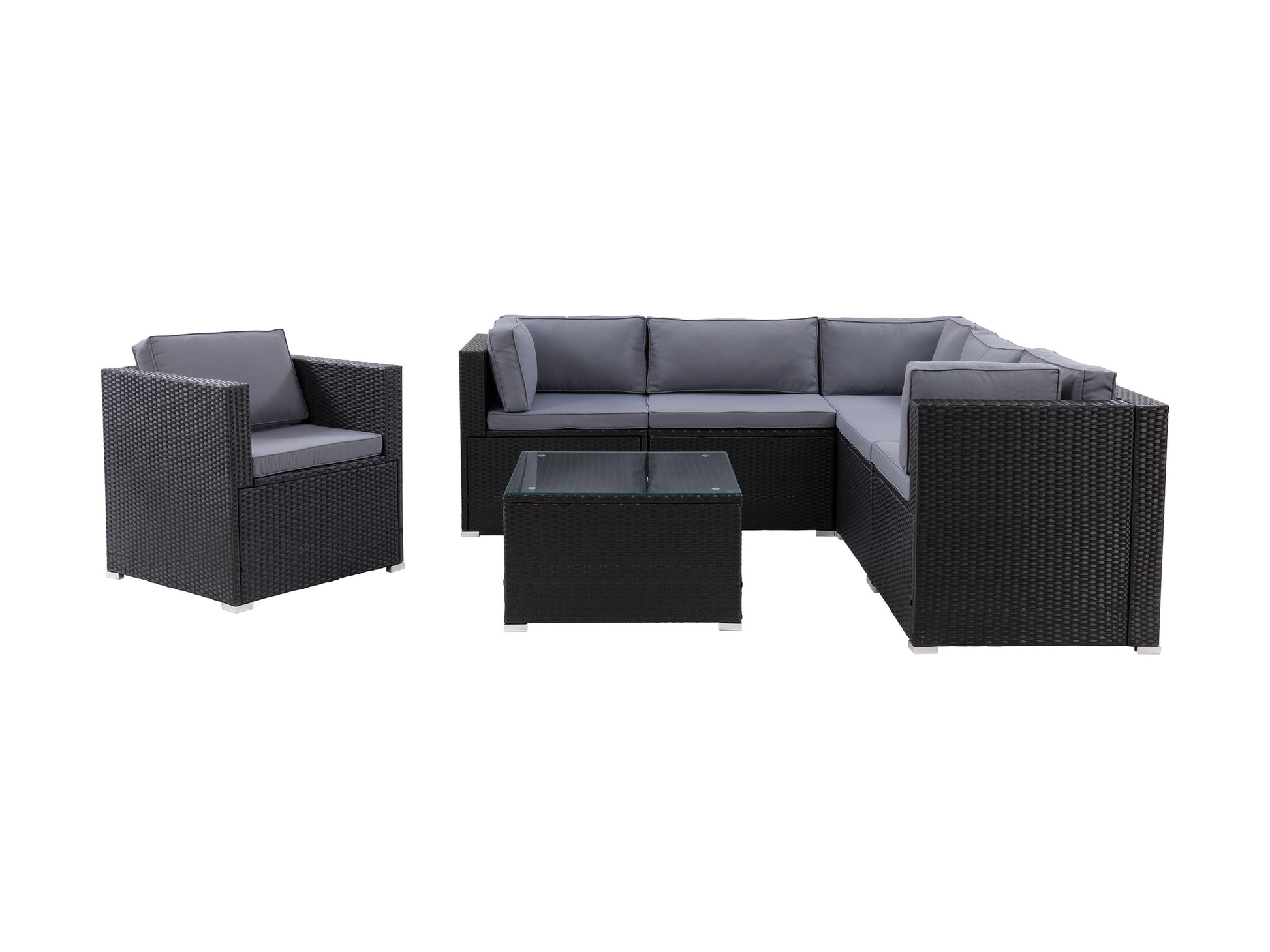 Gray outdoor sectional set with seven pieces, including cushioned seats and a glass-top coffee table, featuring weather-resistant wicker material and a modern design perfect for patio or garden relaxation.