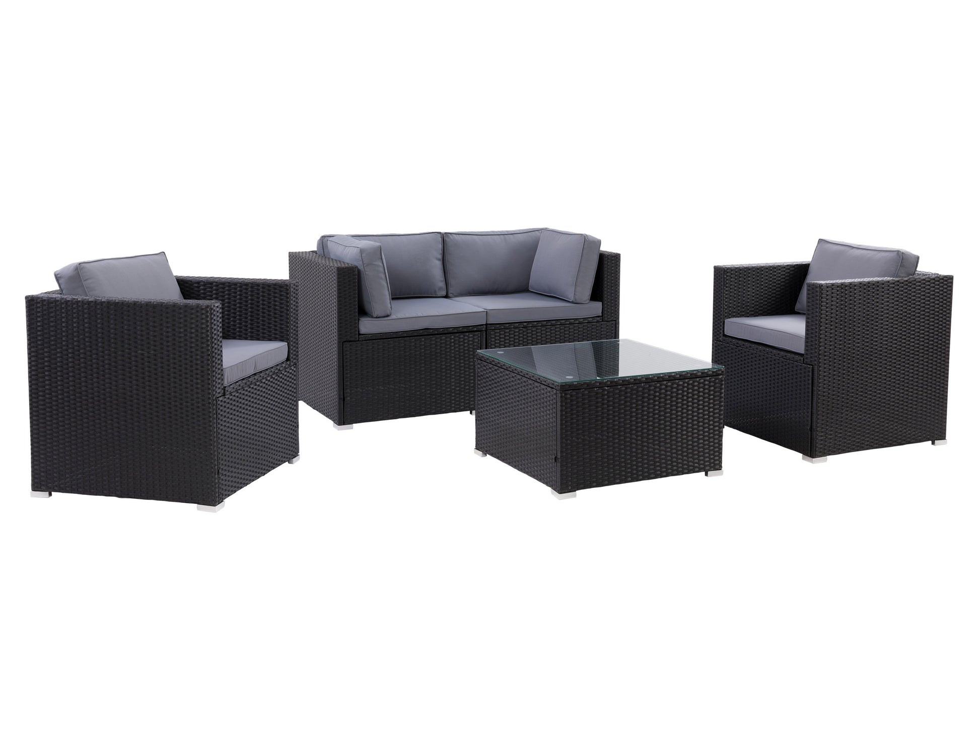 Outdoor patio conversation set, 5-piece, featuring a modern gray wicker sofa with plush white cushions, matching armchairs, a glass-top coffee table, and an ottoman, perfect for stylish outdoor lounging.