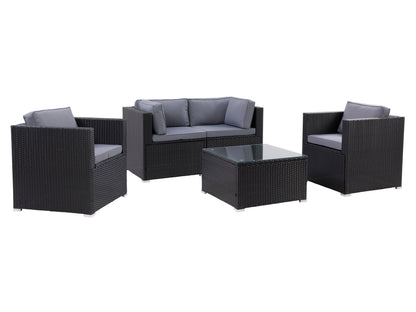 Outdoor patio conversation set, 5-piece, featuring a modern gray wicker sofa with plush white cushions, matching armchairs, a glass-top coffee table, and an ottoman, perfect for stylish outdoor lounging.