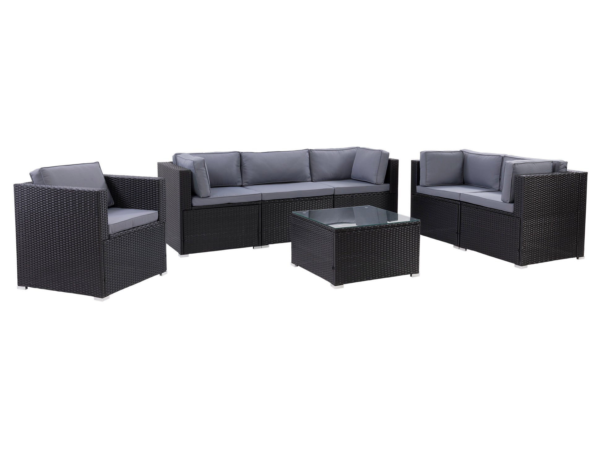 Gray patio conversation set with cushions, featuring a 7-piece outdoor sofa set including a sectional sofa, a coffee table with a glass top, and matching ottomans. Ideal for garden or backyard lounging.