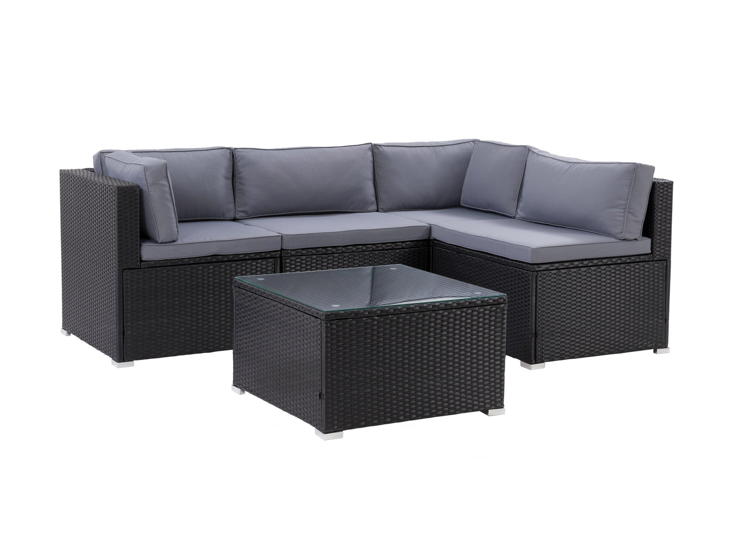 5-piece patio wicker sectional set featuring beige cushions, dark brown rattan wicker, and a glass-top coffee table, ideal for outdoor lounging and entertaining in gardens or backyards.