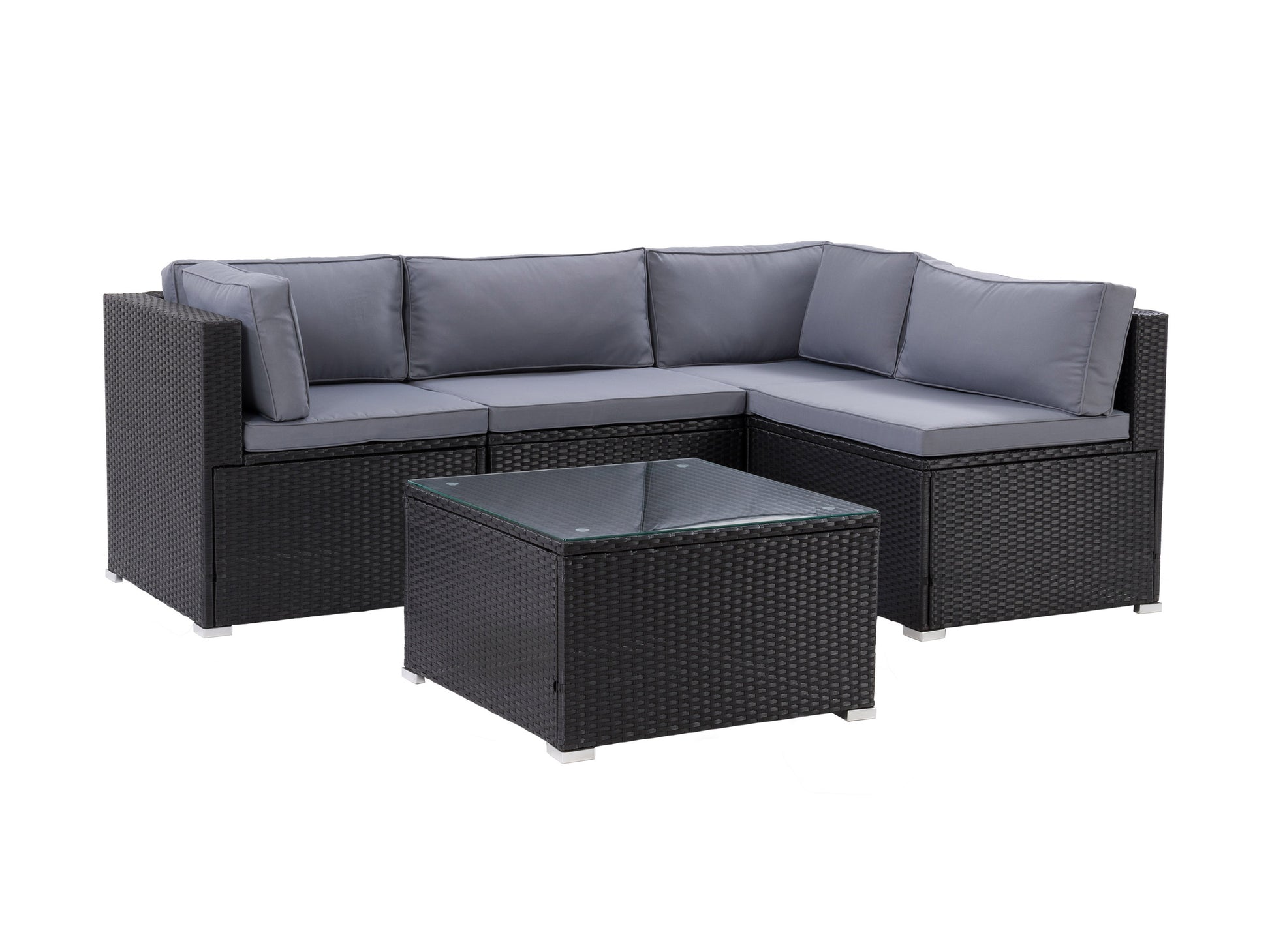 5-piece patio wicker sectional set featuring beige cushions, dark brown rattan wicker, and a glass-top coffee table, ideal for outdoor lounging and entertaining in gardens or backyards.